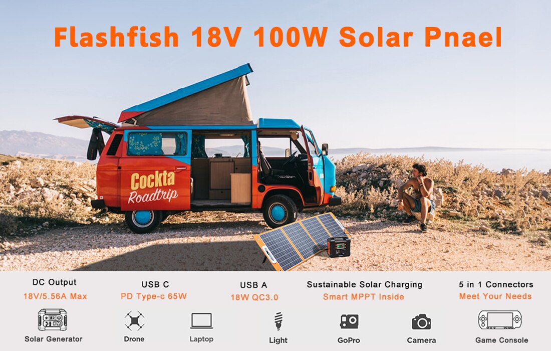 FlashFish Solar Panel 100W 18V Solar Charger with DC Type-c/QC3.0 Output Charge For Power Station Van RV Road Trip Camping