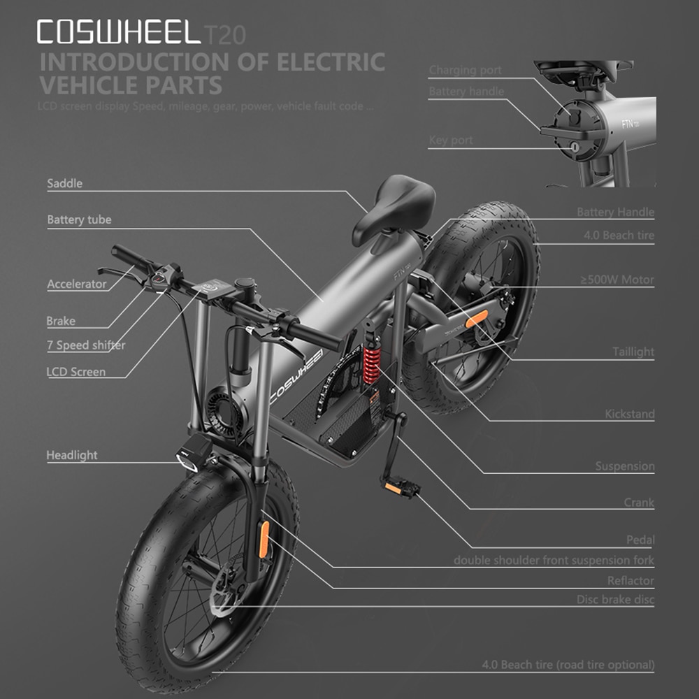 Coswheel T20 Electric Mountain Bike Full Suspension 7 Speed 20*4″ Fat Tire Electric Bike 28MPH 48V 20Ah 500W Motor eBike