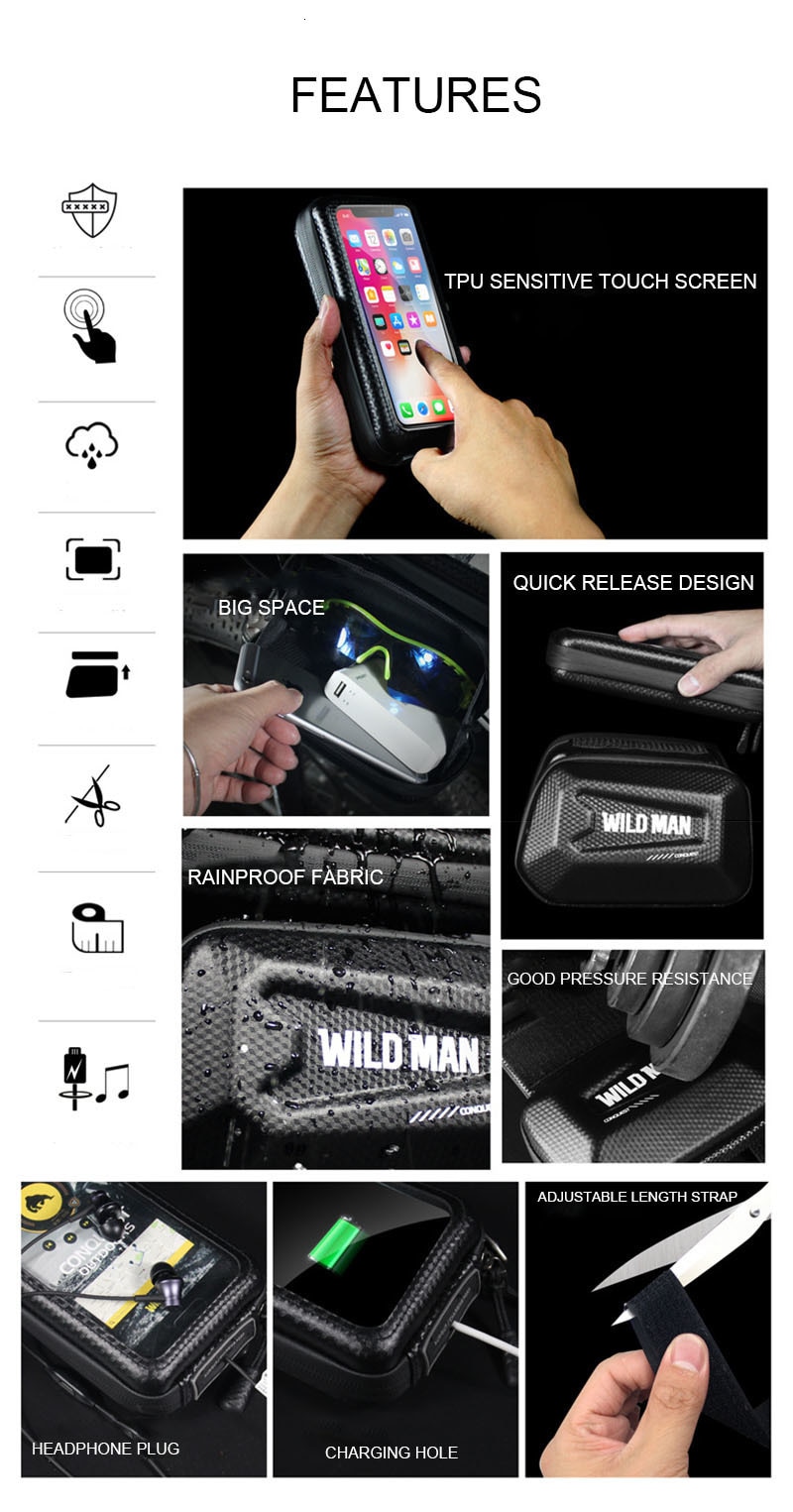 WILD MAN Rainproof Bicycle Bag Hard Shell Front Top Tube Cycling Bag 6.5 Inch Phone Case Touch Screen Bike Bag Accessories