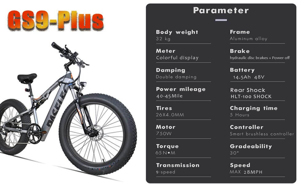 Paselec GS9 Plus Electric Mountain Bike Full Suspension 9 Speed 26*4" Fat Tire Electric Bike 48V 14.5Ah 750W Motor eBike