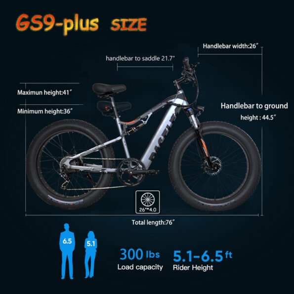 Paselec eBike GS9-Plus eMTB 9 Speed 26×4 inch Fat Tire Mountain Electric Bike 48V 14.5Ah 750W Motor Electric Bicycle_Main (3)